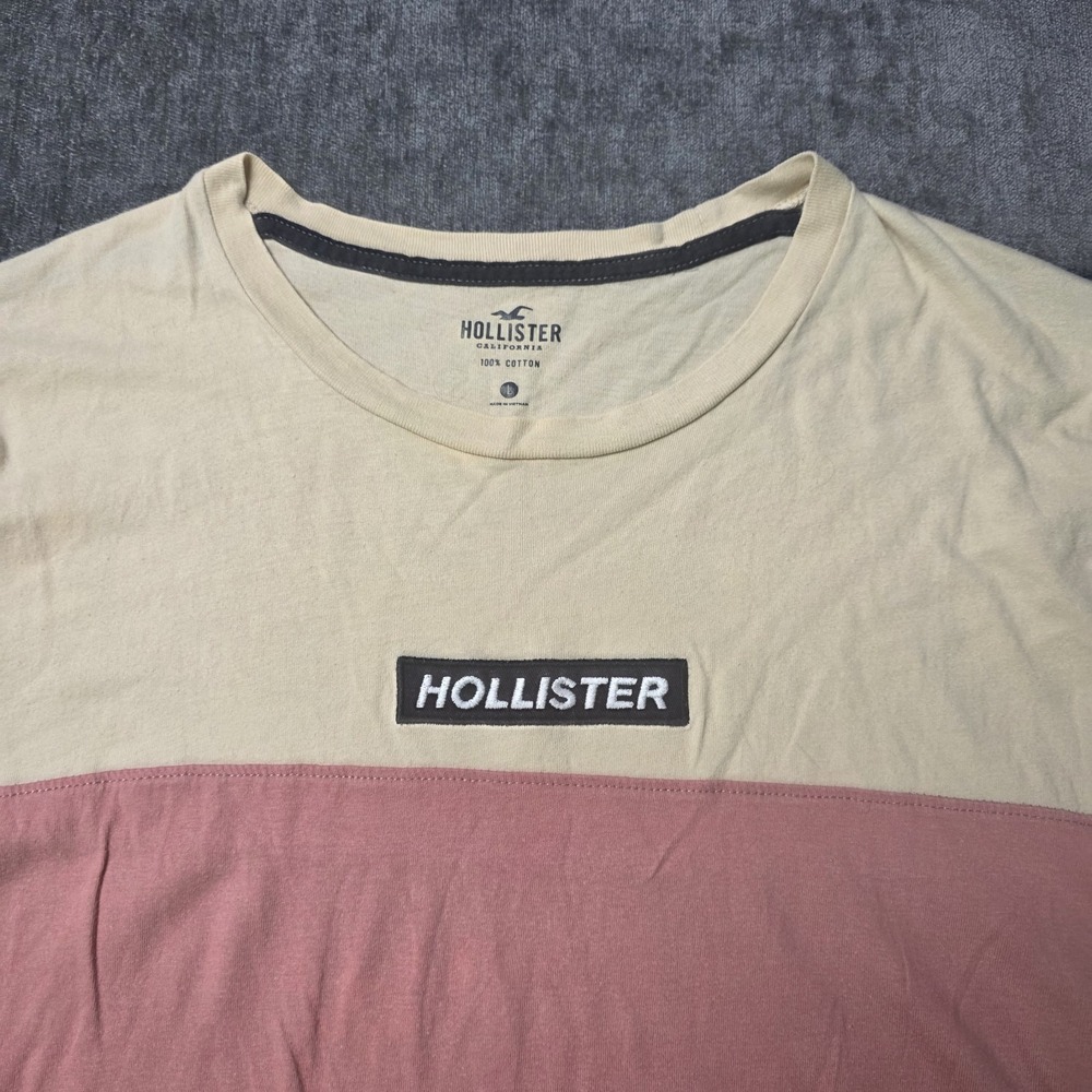 Hollister T Shirt Mens Large Box Logo Embroidered Colorblock Blue Pink Preppy‎ L - Picture 5 of 7